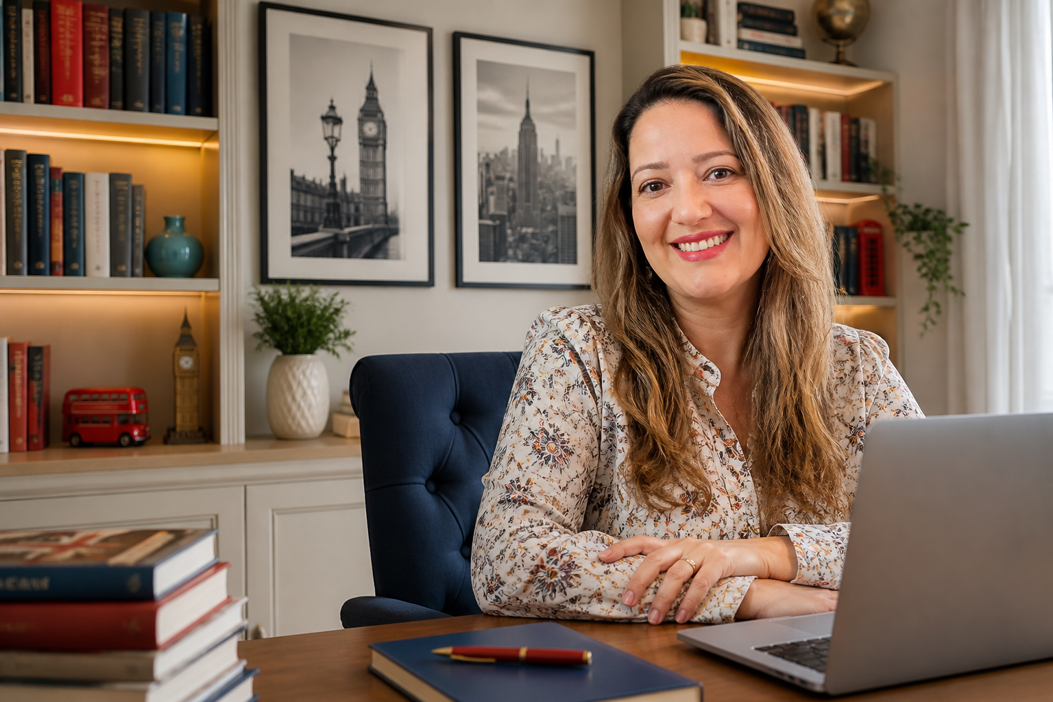 Claudia Portugal em seu estúdio com livros e quadros de Londres e Nova York